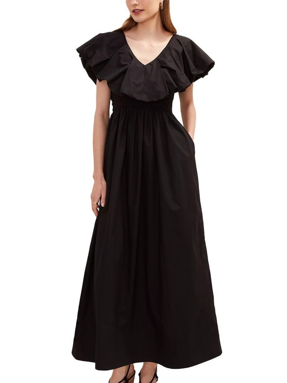 Ann Taylor Black Ruffle V-Neck Maxi Dress